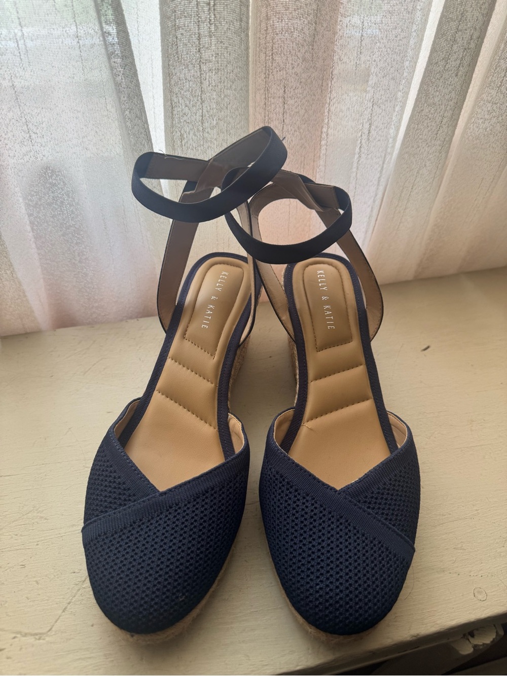 Kelly & Katie Navy Knit Ankle-Strap Wedge Espadrilles
